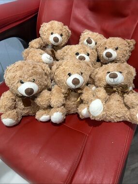 Plush bears ( 8 count) to reuse as a center pieces on a gender reveal party 6.5”